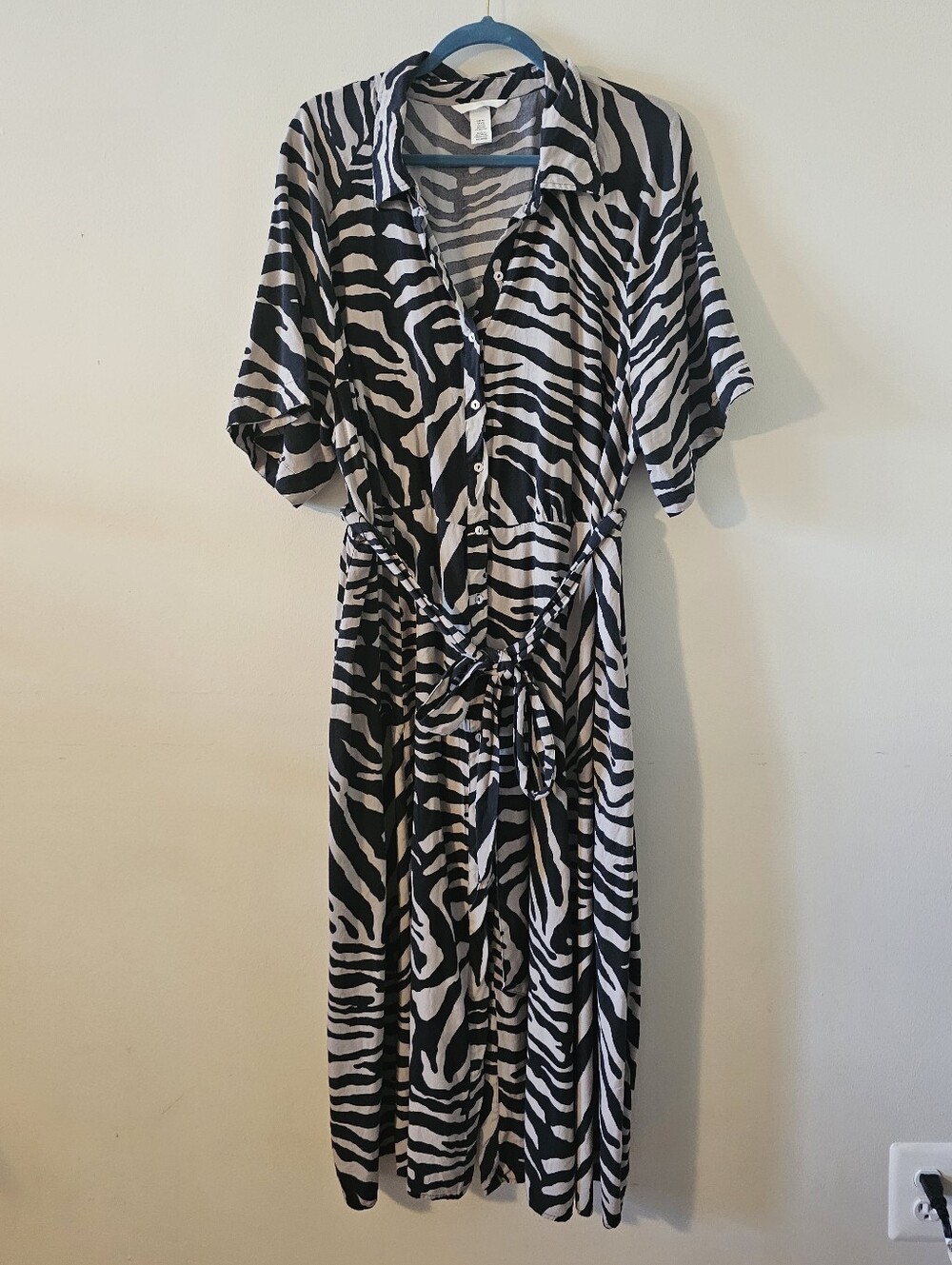 H & M Zebra Print Midi Tie-Belt Shirt Dress